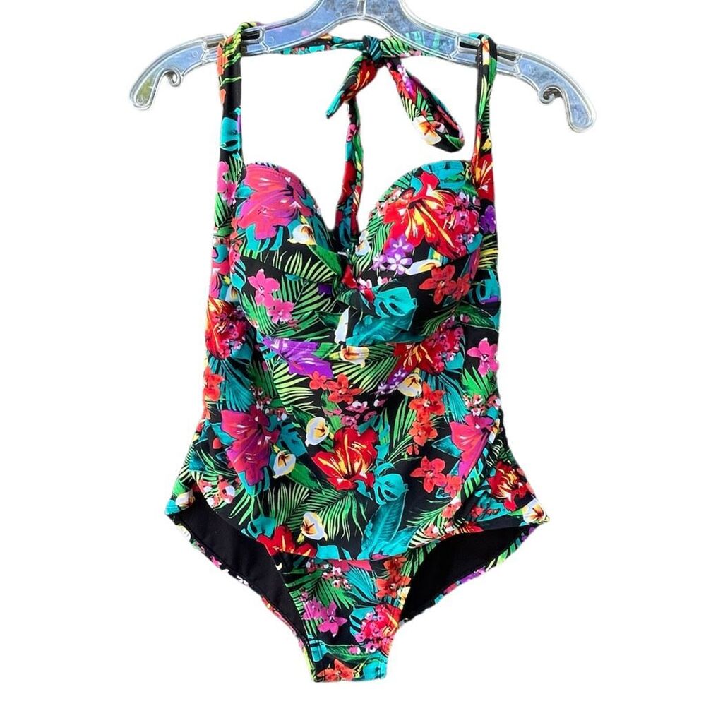 Catalina size 1X(16) tropical floral tie neck swimsuit.